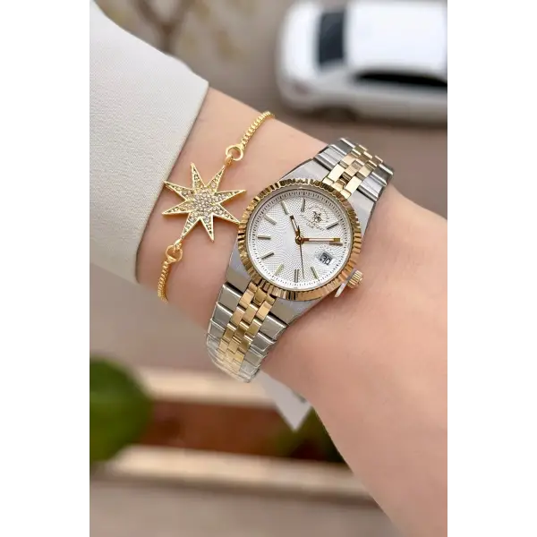 Gold Gümüş Renk 26 Mm Tam Çelik 5 ATM Su Geçirmez Kadın Kol Saati ve Bileklik