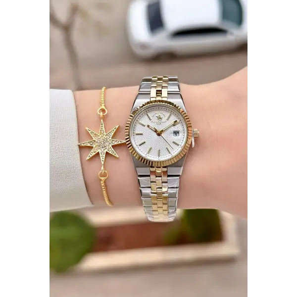 Gold Gümüş Renk 26 Mm Tam Çelik 5 ATM Su Geçirmez Kadın Kol Saati ve Bileklik