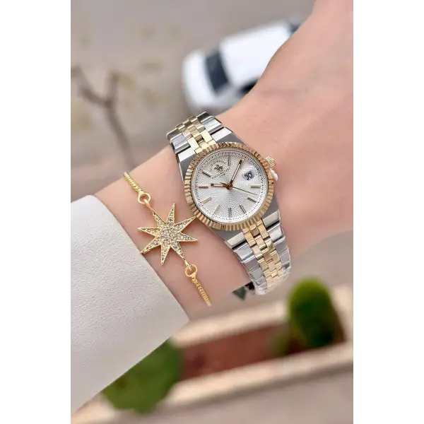 Gold Gümüş Renk 26 Mm Tam Çelik 5 ATM Su Geçirmez Kadın Kol Saati ve Bileklik