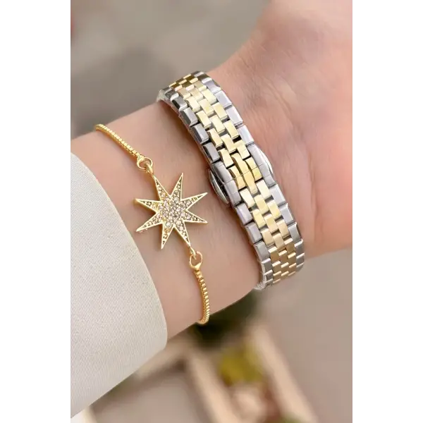 Gold Gümüş Renk 26 Mm Tam Çelik 5 ATM Su Geçirmez Kadın Kol Saati ve Bileklik