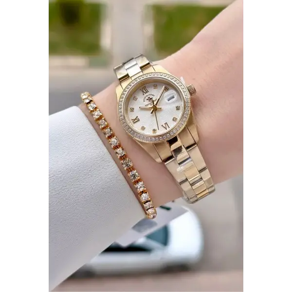 Gold Renk 26 Mm Tam Çelik 5 ATM Su Geçirmez Kadın Kol Saati ve Bileklik