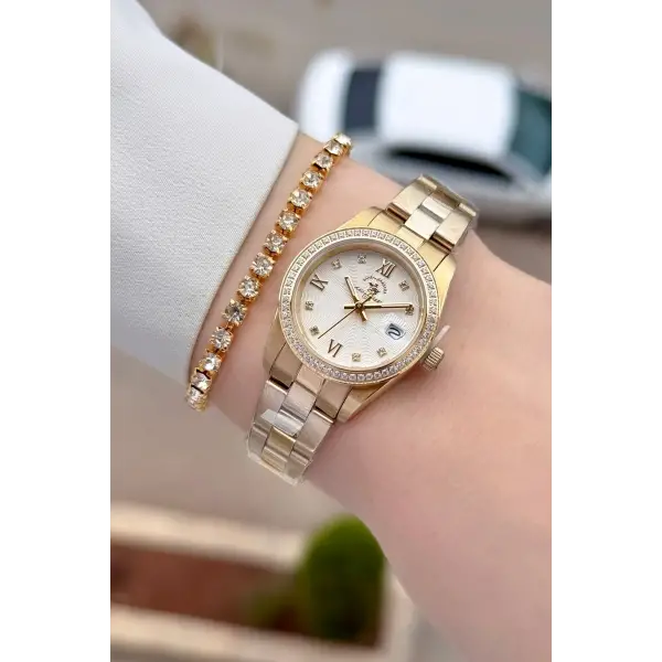 Gold Renk 26 Mm Tam Çelik 5 ATM Su Geçirmez Kadın Kol Saati ve Bileklik