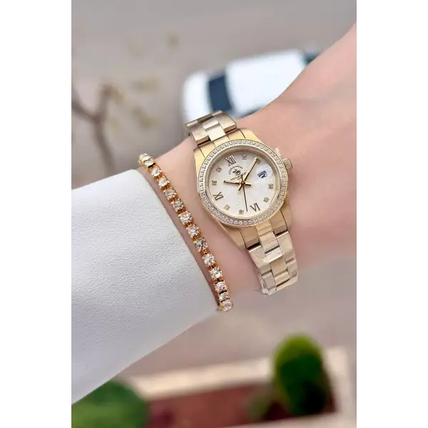 Gold Renk 26 Mm Tam Çelik 5 ATM Su Geçirmez Kadın Kol Saati ve Bileklik