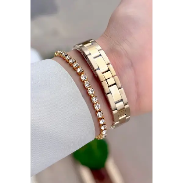 Gold Renk 26 Mm Tam Çelik 5 ATM Su Geçirmez Kadın Kol Saati ve Bileklik