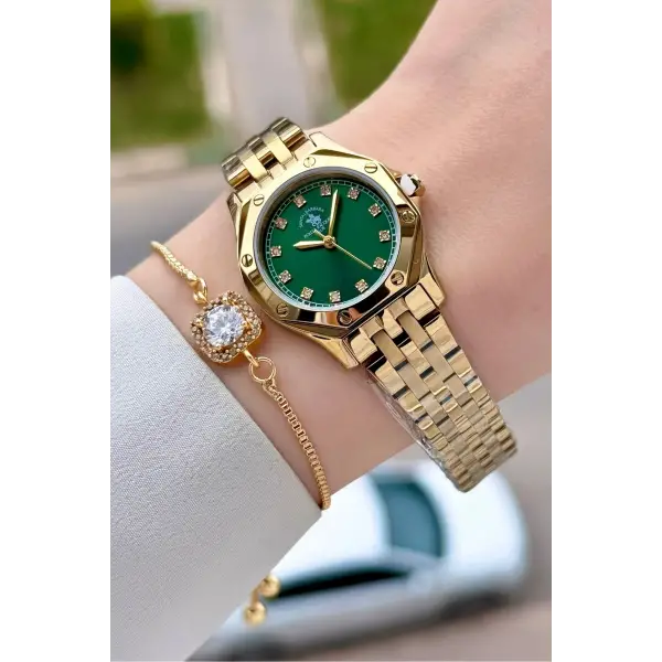 Kadranı Yeşil Korodnu Gold Renk 27,5 Mm Tam Çelik 5 ATM Su Geçirmez Kadın Kol Saati ve Bileklik