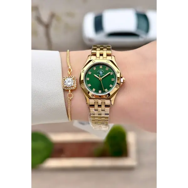 Kadranı Yeşil Korodnu Gold Renk 27,5 Mm Tam Çelik 5 ATM Su Geçirmez Kadın Kol Saati ve Bileklik