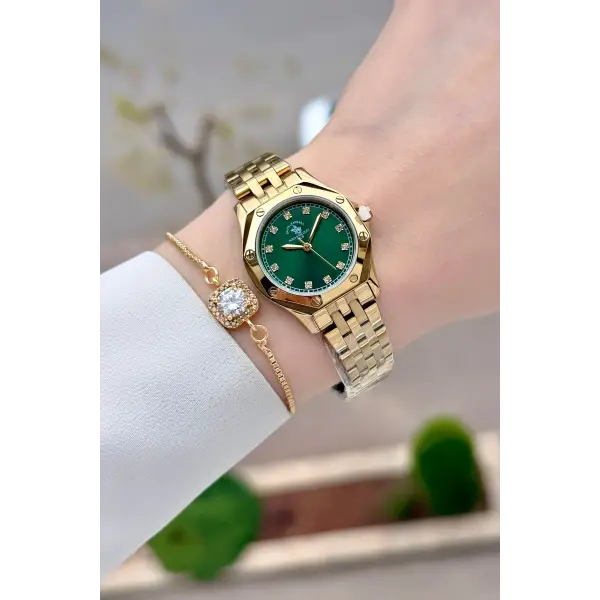 Kadranı Yeşil Korodnu Gold Renk 27,5 Mm Tam Çelik 5 ATM Su Geçirmez Kadın Kol Saati ve Bileklik