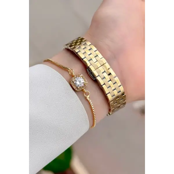 Kadranı Yeşil Korodnu Gold Renk 27,5 Mm Tam Çelik 5 ATM Su Geçirmez Kadın Kol Saati ve Bileklik