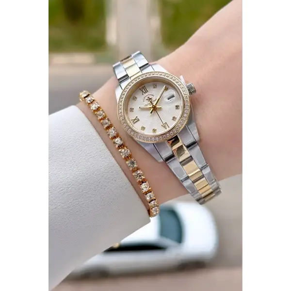 Gold Gümüş Renk 26 Mm Tam Çelik 5 ATM Su Geçirmez Kadın Kol Saati ve Bileklik