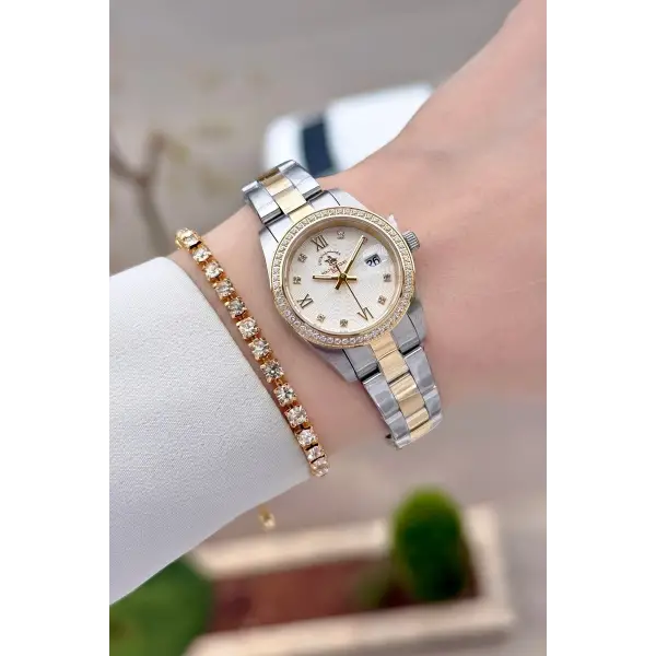 Gold Gümüş Renk 26 Mm Tam Çelik 5 ATM Su Geçirmez Kadın Kol Saati ve Bileklik