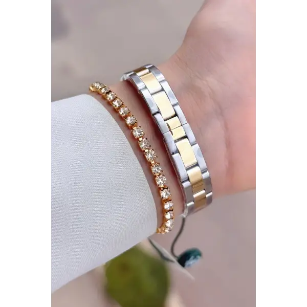 Gold Gümüş Renk 26 Mm Tam Çelik 5 ATM Su Geçirmez Kadın Kol Saati ve Bileklik