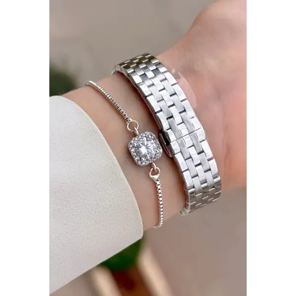 Gümüş Renk 27,5 Mm Tam Çelik 5 ATM Su Geçirmez Kadın Kol Saati ve Bileklik