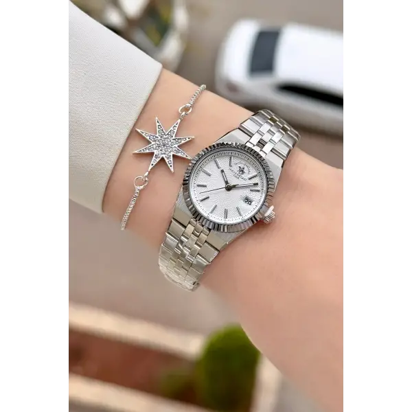 Gümüş Renk 26 Mm Tam Çelik 5 ATM Su Geçirmez Kadın Kol Saati ve Bileklik