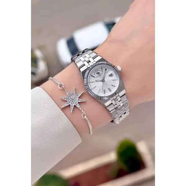 Gümüş Renk 26 Mm Tam Çelik 5 ATM Su Geçirmez Kadın Kol Saati ve Bileklik