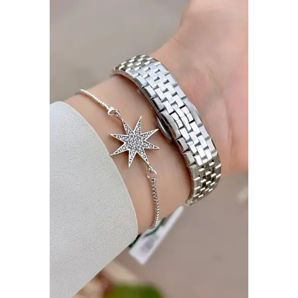 Gümüş Renk 26 Mm Tam Çelik 5 ATM Su Geçirmez Kadın Kol Saati ve Bileklik