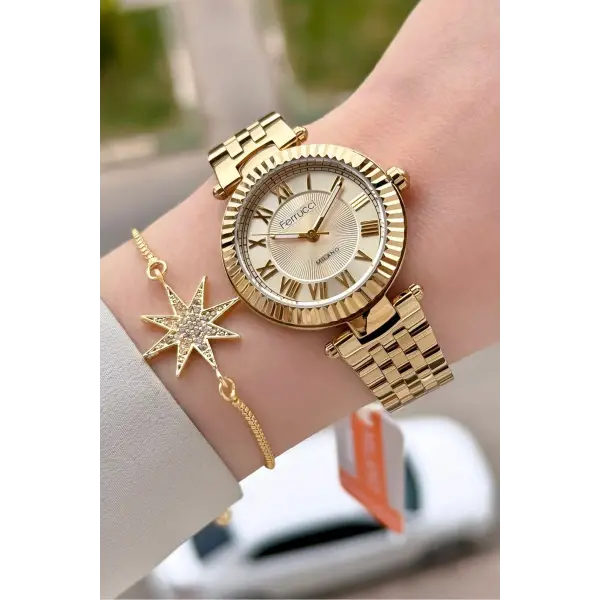 Gold Renk 35 Mm Hediye Paketli Kadın Kol Saati ve Bileklik