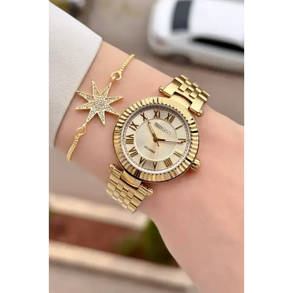 Gold Renk 35 Mm Hediye Paketli Kadın Kol Saati ve Bileklik