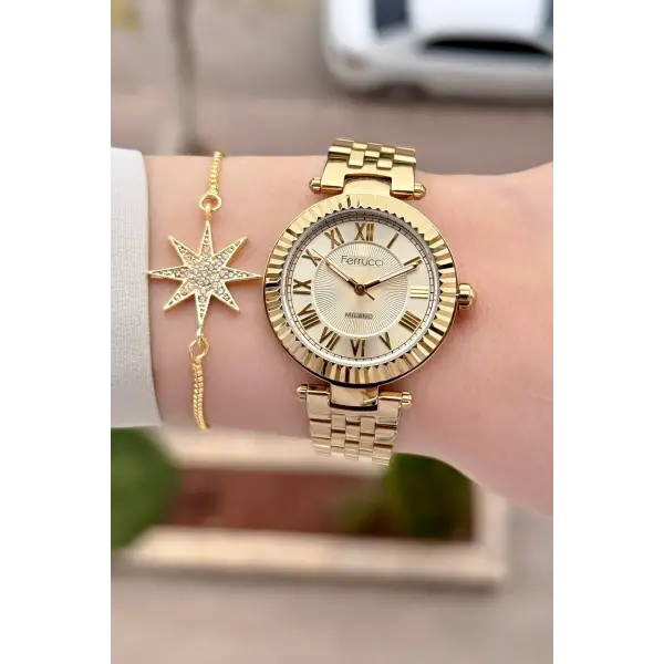 Gold Renk 35 Mm Hediye Paketli Kadın Kol Saati ve Bileklik