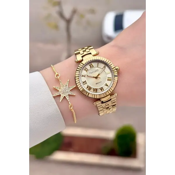 Gold Renk 35 Mm Hediye Paketli Kadın Kol Saati ve Bileklik