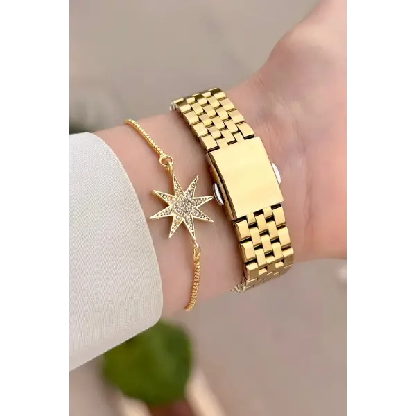 Gold Renk 35 Mm Hediye Paketli Kadın Kol Saati ve Bileklik