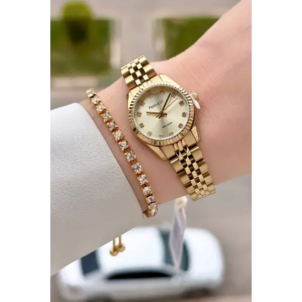 Gold Renk 24 Mm Tam Çelik Paslanmaz Kadın Kol Saati ve Bileklik