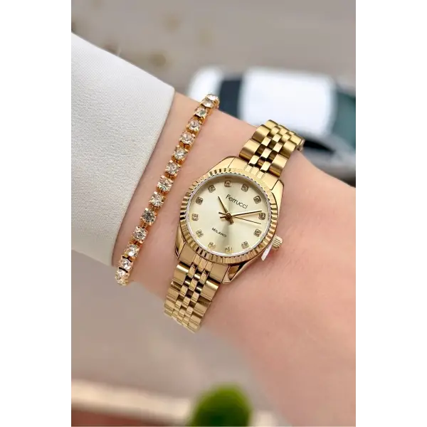 Gold Renk 24 Mm Tam Çelik Paslanmaz Kadın Kol Saati ve Bileklik