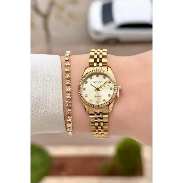 Gold Renk 24 Mm Tam Çelik Paslanmaz Kadın Kol Saati ve Bileklik