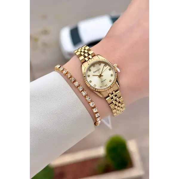 Gold Renk 24 Mm Tam Çelik Paslanmaz Kadın Kol Saati ve Bileklik