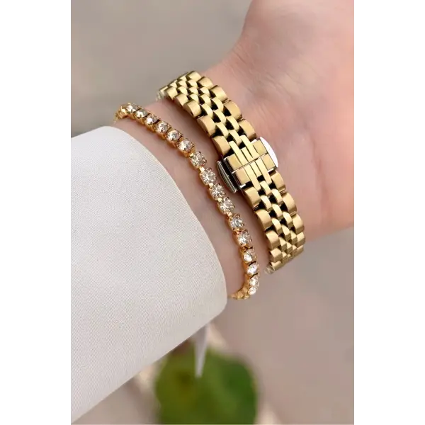 Gold Renk 24 Mm Tam Çelik Paslanmaz Kadın Kol Saati ve Bileklik