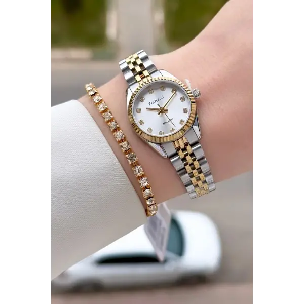 Gold Gümüş Renk 24 Mm Tam Çelik Paslanmaz Kadın Kol Saati ve Bileklik