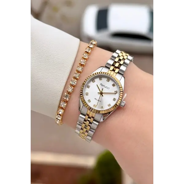 Gold Gümüş Renk 24 Mm Tam Çelik Paslanmaz Kadın Kol Saati ve Bileklik