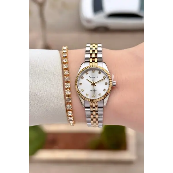 Gold Gümüş Renk 24 Mm Tam Çelik Paslanmaz Kadın Kol Saati ve Bileklik