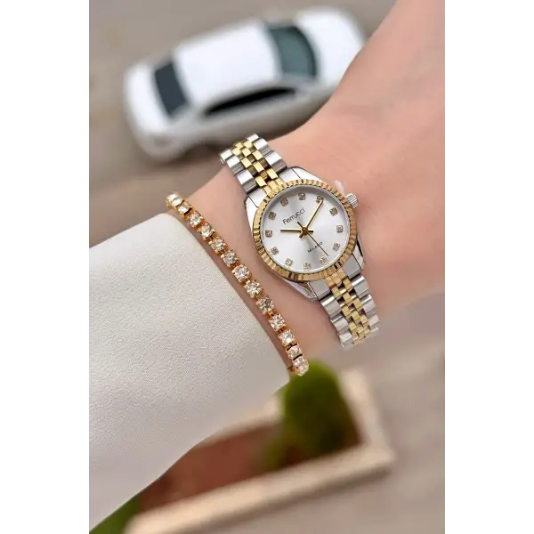 Gold Gümüş Renk 24 Mm Tam Çelik Paslanmaz Kadın Kol Saati ve Bileklik