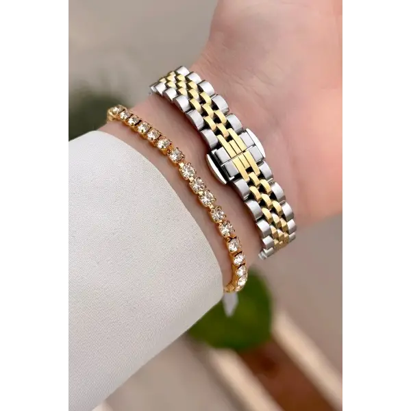 Gold Gümüş Renk 24 Mm Tam Çelik Paslanmaz Kadın Kol Saati ve Bileklik