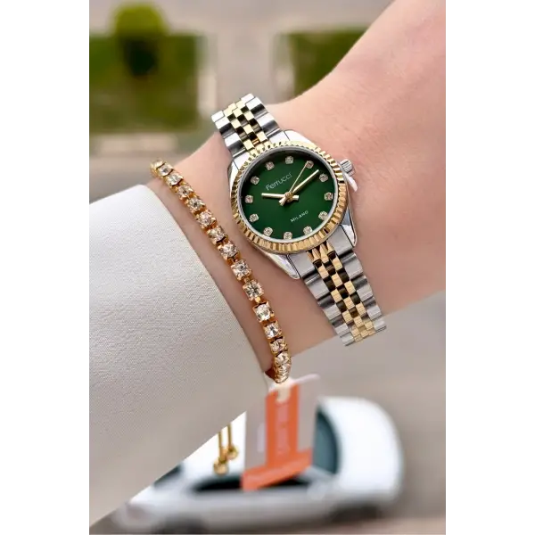 Kadranı Yeşil Kordonu Gold Gümüş Renk 24 Mm Tam Çelik Paslanmaz Kadın Kol Saati ve Bileklik