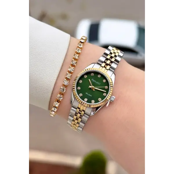 Kadranı Yeşil Kordonu Gold Gümüş Renk 24 Mm Tam Çelik Paslanmaz Kadın Kol Saati ve Bileklik
