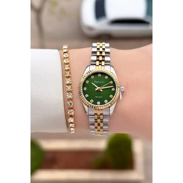 Kadranı Yeşil Kordonu Gold Gümüş Renk 24 Mm Tam Çelik Paslanmaz Kadın Kol Saati ve Bileklik