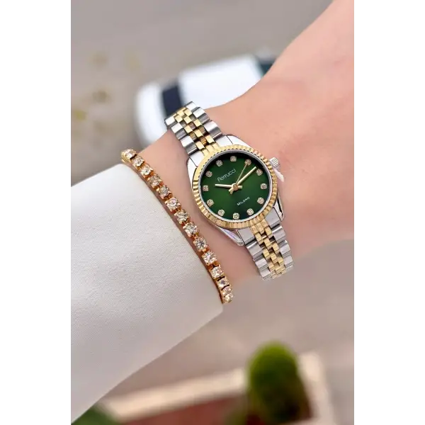 Kadranı Yeşil Kordonu Gold Gümüş Renk 24 Mm Tam Çelik Paslanmaz Kadın Kol Saati ve Bileklik