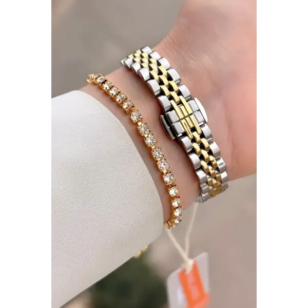 Kadranı Yeşil Kordonu Gold Gümüş Renk 24 Mm Tam Çelik Paslanmaz Kadın Kol Saati ve Bileklik