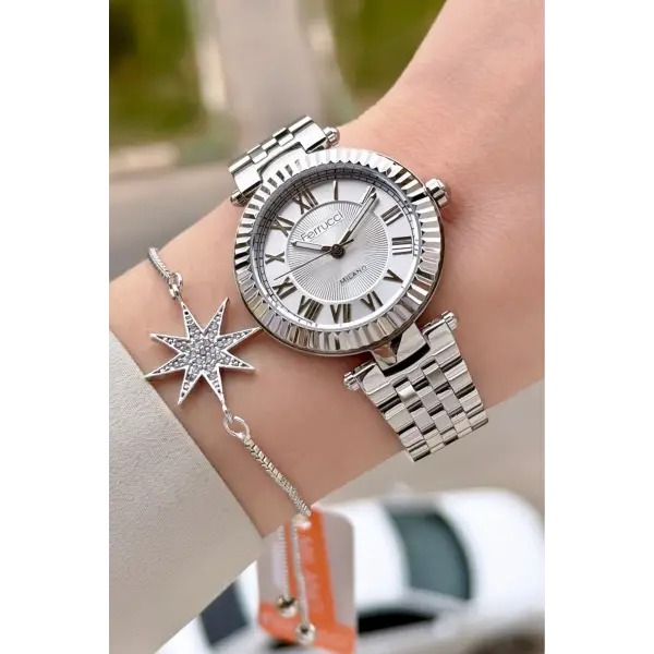 Gümüş Renk 35 Mm Hediye Paketli Kadın Kol Saati ve Bileklik