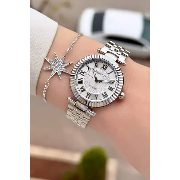 Gümüş Renk 35 Mm Hediye Paketli Kadın Kol Saati ve Bileklik