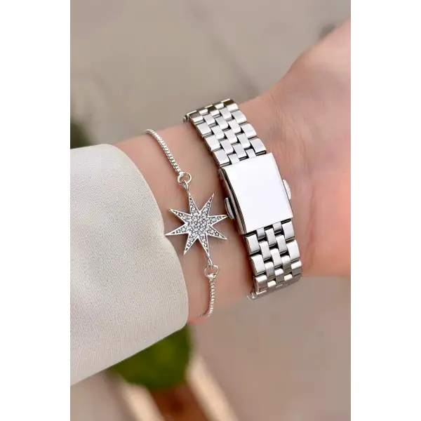 Gümüş Renk 35 Mm Hediye Paketli Kadın Kol Saati ve Bileklik