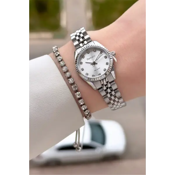 Gümüş Renk 24 Mm Tam Çelik Paslanmaz Kadın Kol Saati ve Bileklik