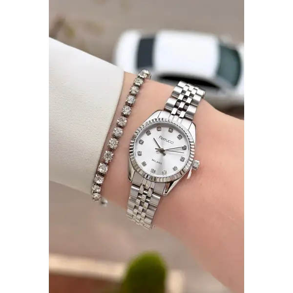 Gümüş Renk 24 Mm Tam Çelik Paslanmaz Kadın Kol Saati ve Bileklik