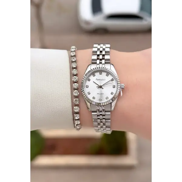 Gümüş Renk 24 Mm Tam Çelik Paslanmaz Kadın Kol Saati ve Bileklik