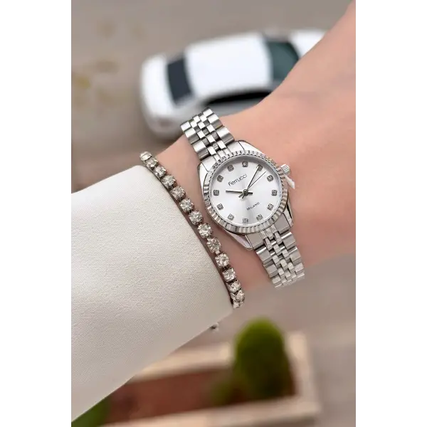 Gümüş Renk 24 Mm Tam Çelik Paslanmaz Kadın Kol Saati ve Bileklik