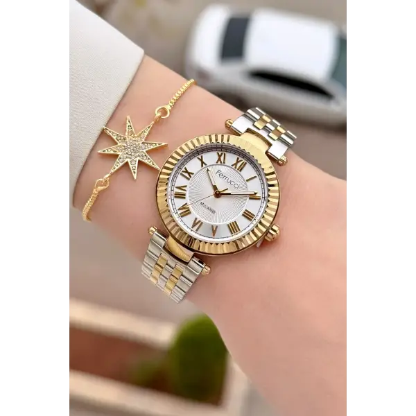 Gold Gümüş Renk 35 Mm Hediye Paketli Kadın Kol Saati ve Bileklik