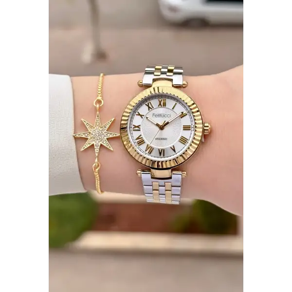 Gold Gümüş Renk 35 Mm Hediye Paketli Kadın Kol Saati ve Bileklik