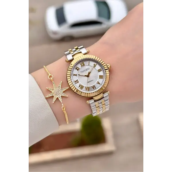 Gold Gümüş Renk 35 Mm Hediye Paketli Kadın Kol Saati ve Bileklik