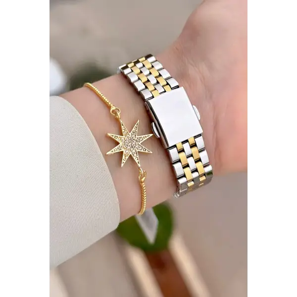 Gold Gümüş Renk 35 Mm Hediye Paketli Kadın Kol Saati ve Bileklik